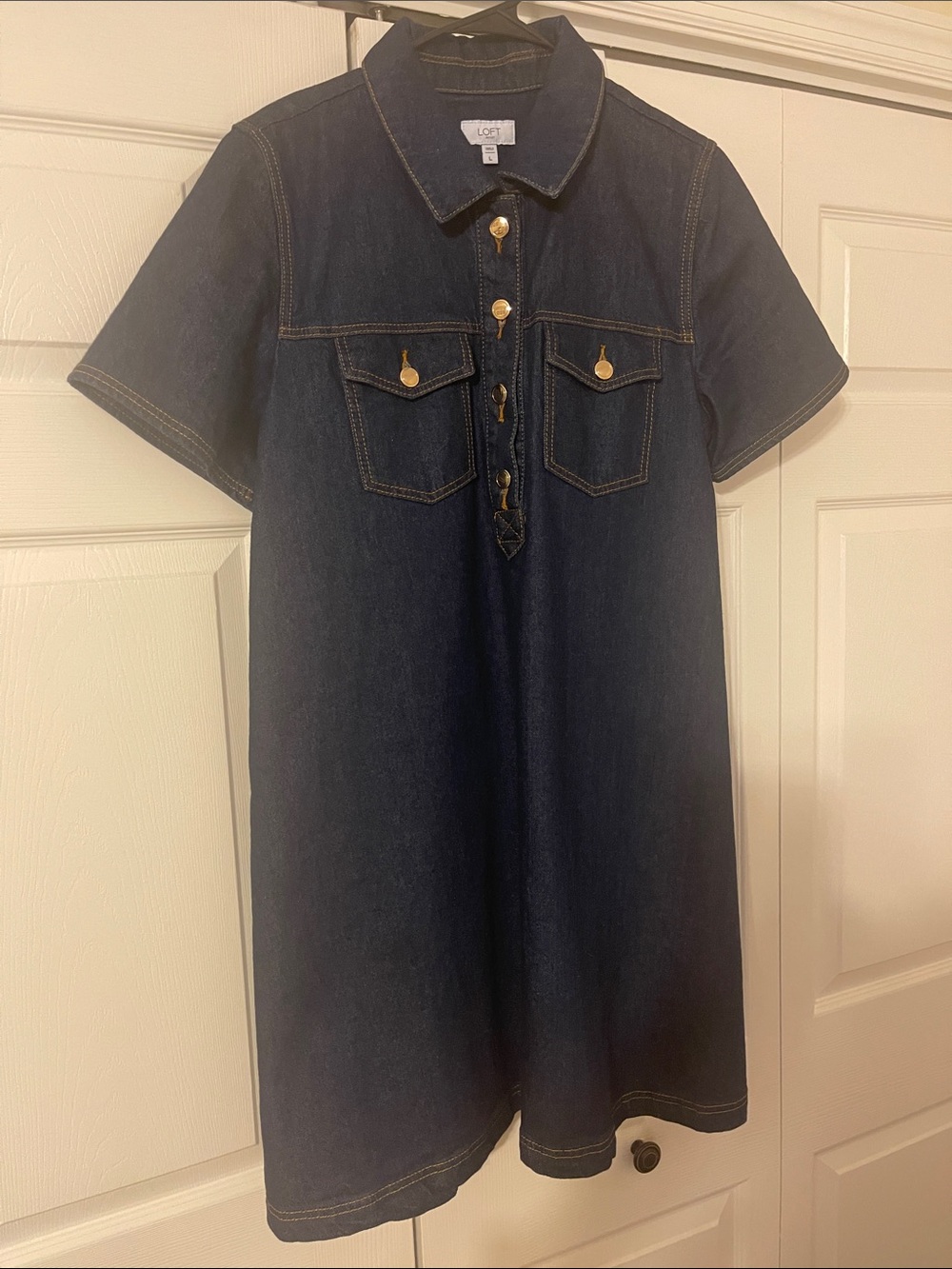 LOFT Dark Blue Denim Shirt Dress with Gold Buttons